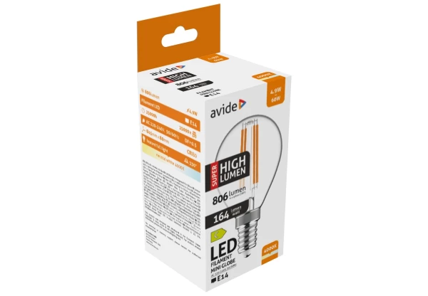 Avide LED Filament Mini Globe 4.9W E14 NW 4000K Super High Lumen Mini Gömb