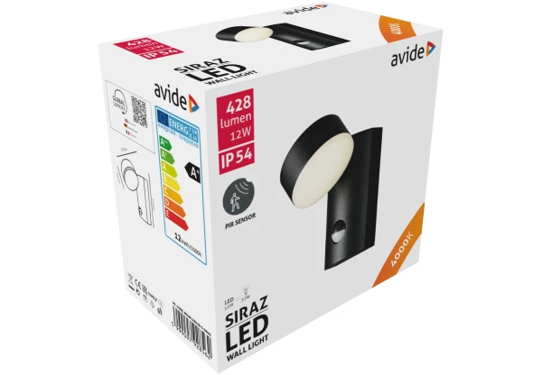 Avide kültéri fali lámpa Siraz LED 12W NW mozgásérzékelővel IP54 Integrált LED