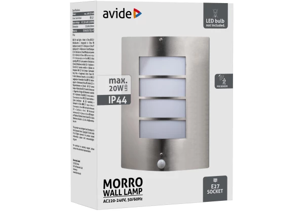 Avide kültéri fali lámpa Morro 1xE27 PIR IP44 Szatén Nikkel Betekerhető