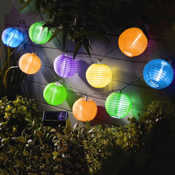 Szolár lampion fényfüzér – 10 db színes lampion, hidegfehér LED – 2,5 m  11227B Kültéri világítás