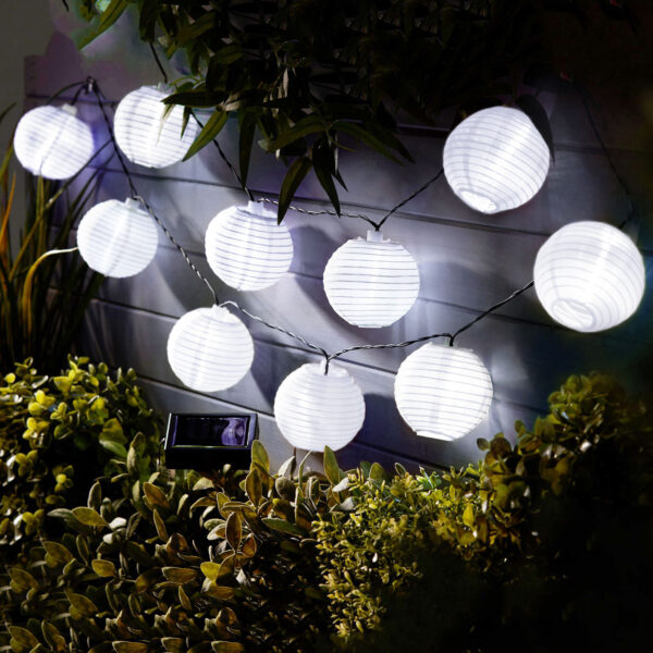 Szolár lampion fényfüzér – 10 db fehér lampion, hidegfehér LED – 2,5 m  11227 Szolárok