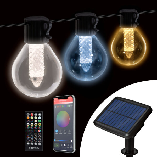 Smart szolár fényfüzér – 15 db fehér LED – állítható színhőmérséklet – 7,5 m – bluetooth  11743 Szolár