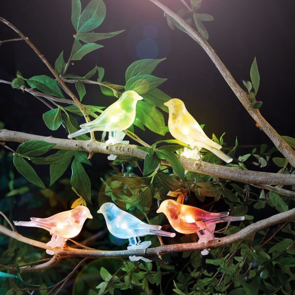 Szolár fényfüzér – madárka, csipeszes – 80 cm – 5 színes, RGB LED  11787 Kültéri világítás