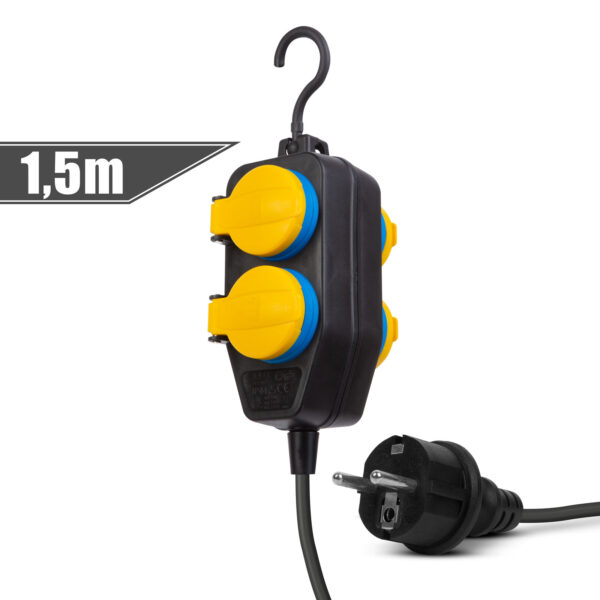 Kültéri elosztó fedéllel – 1,5 m – 4 x 230V – 3 x 1,5 mm2, gumi  – IP44  20223D Elosztók és hosszabbítók
