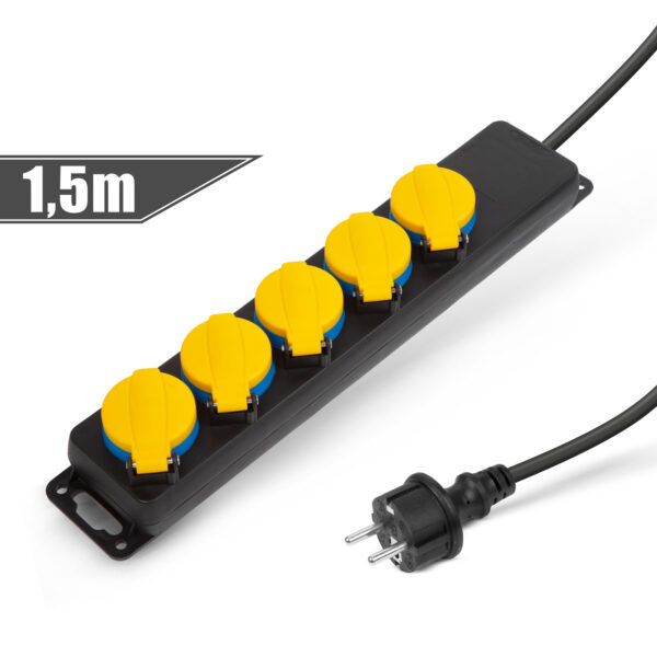 Kültéri elosztó fedéllel – 1,5 m – 5 x 230V – 3 x 1,5 mm2, gumi  – IP44  20223E Elosztók és hosszabbítók
