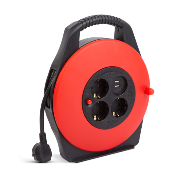 Kábeldob műanyag tartóval – 3 x 1,5 mm² – 2 x USB – 10 m  20239 Lengő hosszabbító