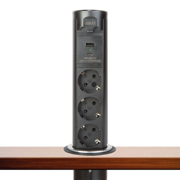 Motoros rejtett elosztó – „Touchcontrol” – 3-as + USB + Type-C – fekete  20453B Elosztók és hosszabbítók