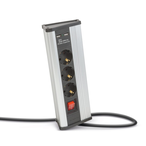 Sarokelosztó – kapcsolós – 3 x 250V, 16A – 2 x USB, 2,1A – alumínium ház  20483S Elosztók és hosszabbítók