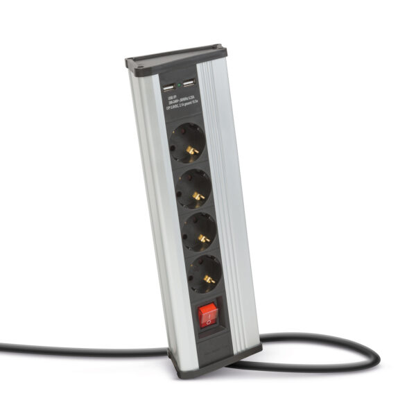 Sarokelosztó – kapcsolós – 4 x 250V, 16A – 2 x USB, 2,1A – alumínium ház  20484S Elosztók és hosszabbítók