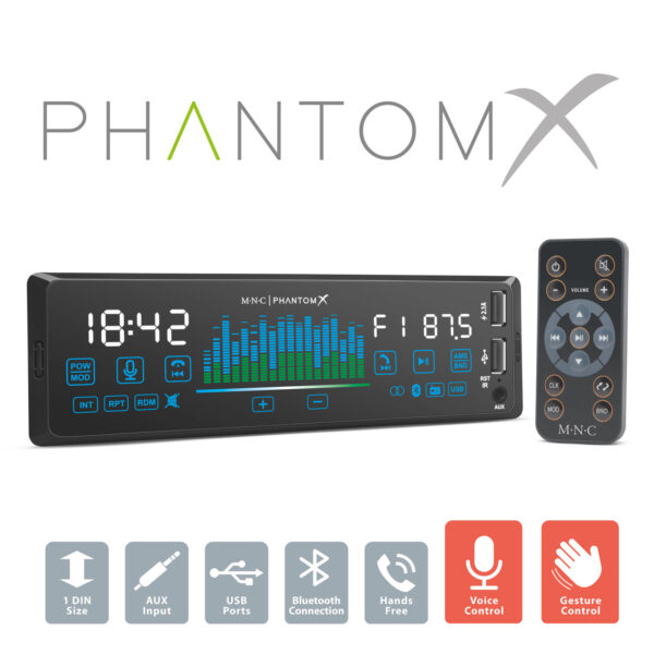 Fejegység „PhantomX” – 1 DIN – 4 x 50 W – gesztusvezérlés – BT – MP3 – AUX – USB  39752 Autós hangtechnika