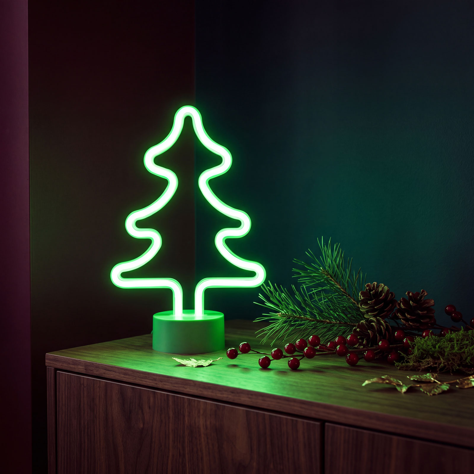 Neon LED lámpa – zöld fenyőfa – 3 x AA + USB – 18,5 x 8,5 x 28 cm 43996D Egyéb Neon LED lámpa – zöld fenyőfa – 3 x AA + USB – 18,5 x 8,5 x 28 cm 43996D Egyéb