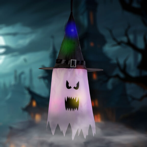 Halloween-i LED dekor – szellem – rózsaszín – 10 színes LED – akasztható – 2 x 2032 – 75 x 35 cm  56569B Egyéb