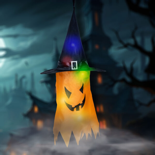 Halloween-i LED dekor – szellem – sárga – 10 színes LED – akasztható – 2 x 2032 – 75 x 35 cm  56569C Egyéb