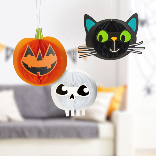 Halloween-i dekoráció – lampion szett – tök, macska, koponya – papír – 20 cm – 3 db / csomag  56584 Egyéb