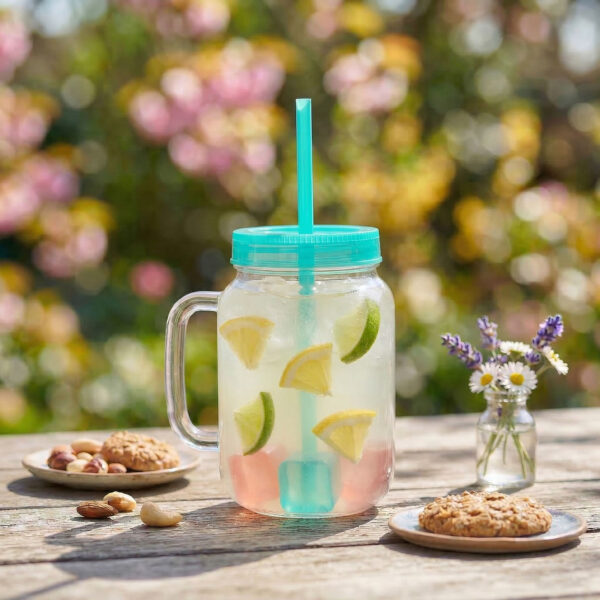 Szívószálas pohár – kék – 4 db hűthető jégkockával, 550ml,  17 x 7.5 x 13.5 cm  57160Q Egyéb