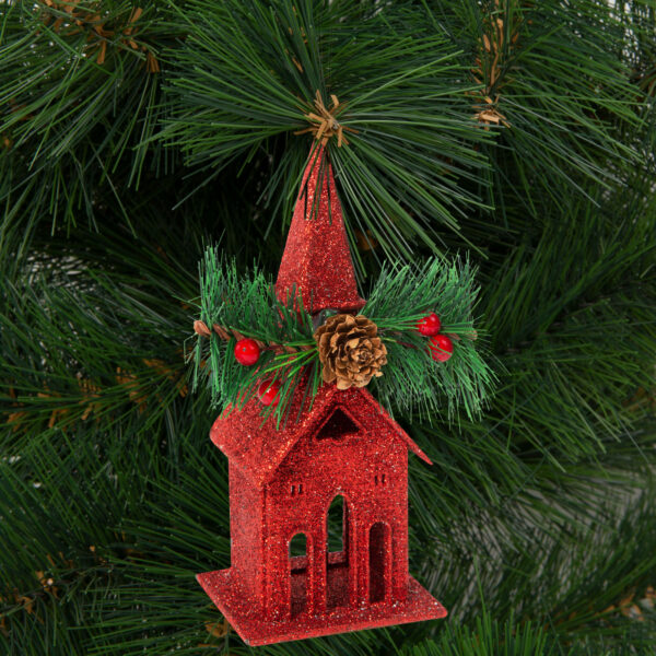 Karácsonyi glitteres templom akasztóval – 16 x 6,5 cm – piros  58677A Egyéb