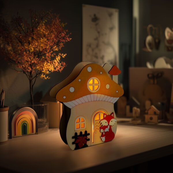 Világító dekoráció – gomba ház rókával – 15 x 16 x 5 cm – fából  59012B Egyéb
