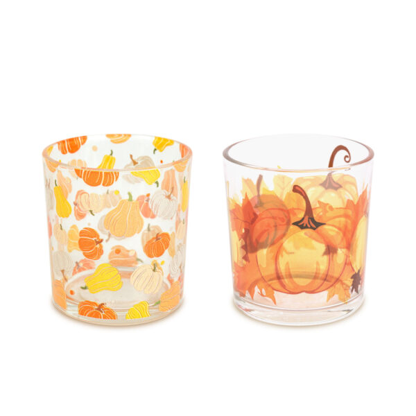 Mécsestartó – üveg pohár – tök mintával – 7,5 x 8 cm – 2 féle 59059 Őszi dekoráció Mécsestartó – üveg pohár – tök mintával – 7,5 x 8 cm – 2 féle 59059 Őszi dekoráció