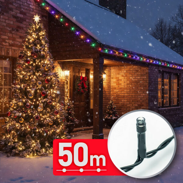 Fényfüzér – 50 m – színes – 1000 LED – 220-240V – 9W – átlátszó kábel  59771 Egyéb