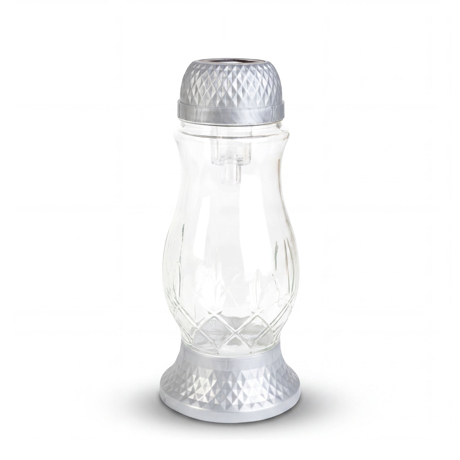 Napelemes üveg mécses műanyag kupakkal – 25 x 10 cm – ezüst – melegfehér LED TW1022 Gyertyák Napelemes üveg mécses műanyag kupakkal – 25 x 10 cm – ezüst – melegfehér LED TW1022 Gyertyák