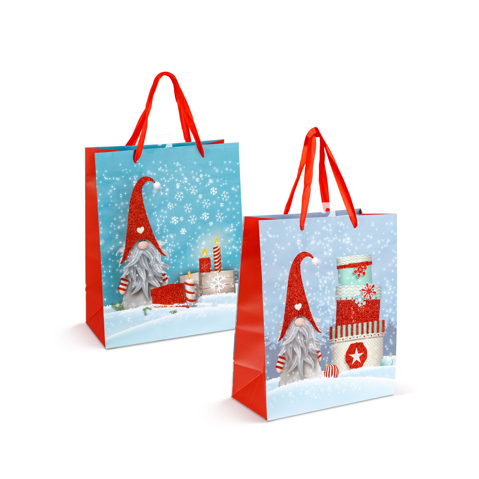 Karácsonyi ajándéktáska – manó mintával, glitteres – 26 x 32 x 13 cm – 2 féle – 12 db / csomag 58872 Dekoráció Karácsonyi ajándéktáska – manó mintával, glitteres – 26 x 32 x 13 cm – 2 féle – 12 db / csomag 58872 Dekoráció