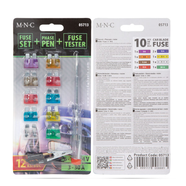Biztosíték készlet + fázisceruza + teszter – késes – 10 db – 6 – 24V, 3 – 30A  05713
