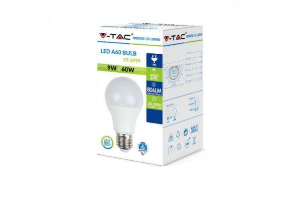 9W LED izzó E27 A60 4000K – 7261 V-TAC LED vtac