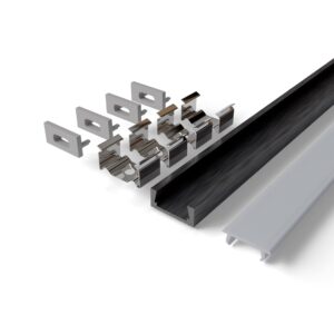 Avide Alu Profil “U”, 15.9×7.8mm Falon Kivüli Fekete profil Félig átlátszó (füstös) búrával 2m, “szett” | BR (SKU:AAP-N-2M-S-FR-BW) Falon kívüli/Süllyeszthető