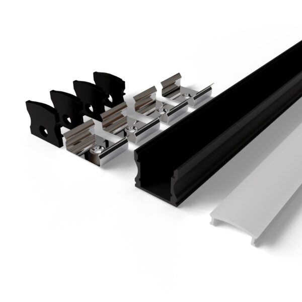 Avide Alu Profil „U”, 17.2×14.4mm fekete alu fehér opál búrával, 2m, „szett” | BR (SKU:AAP-SM1714-2M-BW) Falon kívüli/Süllyeszthető