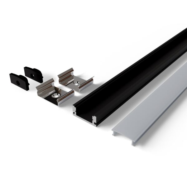Avide Alu Profil „U”, 17.4x7mm fekete alu fehér opál búrával 1m, „szett” | BR (SKU:AAP-SM177-1M-BW) Falon kívüli/Süllyeszthető