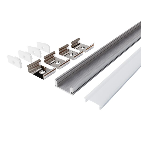 Avide Alu Profil „U” 17.4x7mm fehér alu fehér opál búrával, 2m, „szett” | BR (SKU:AAP-SM177-2M-WW) Falon kívüli/Süllyeszthető