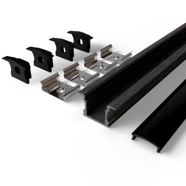 Avide Alu Profil „U”, 24×14.2mm Süllyeszhető Fekete profil – Fekete búrával 2m, „szett” | BR (SKU:AAP-UR1714-2M-BB) Falon kívüli/Süllyeszthető
