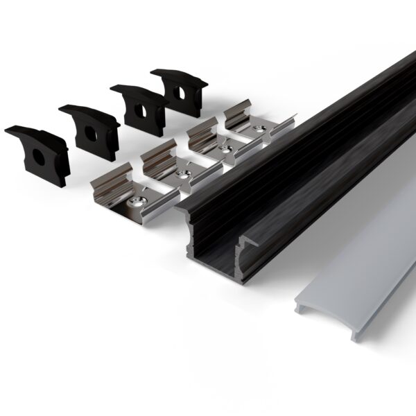 Avide Alu Profil „U”, 24×14.2mm süllyeszthető fekete profil fehér opál búrával 2m, „szett” | BR (SKU:AAP-UR1714-2M-BW) Falon kívüli/Süllyeszthető