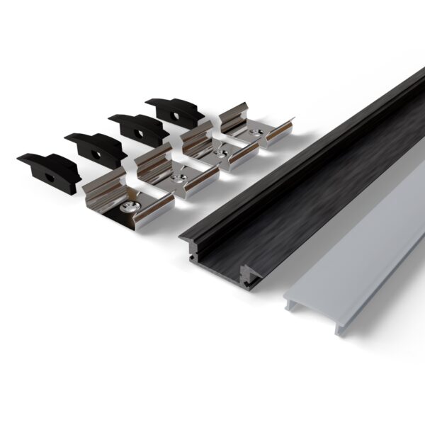 Avide Alu Profil „U”, 24.7x7mm süllyeszthető fekete profil fehér opál búrával 2m, „szett” | BR (SKU:AAP-UR177-2M-BW) Falon kívüli/Süllyeszthető