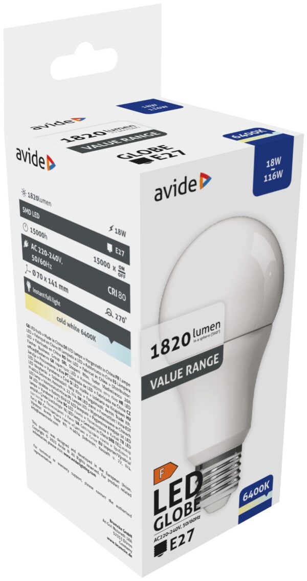 Avide Value LED Globe E27 18W CW 6400K | BR (SKU:ABBG27CW-18W) Gömb