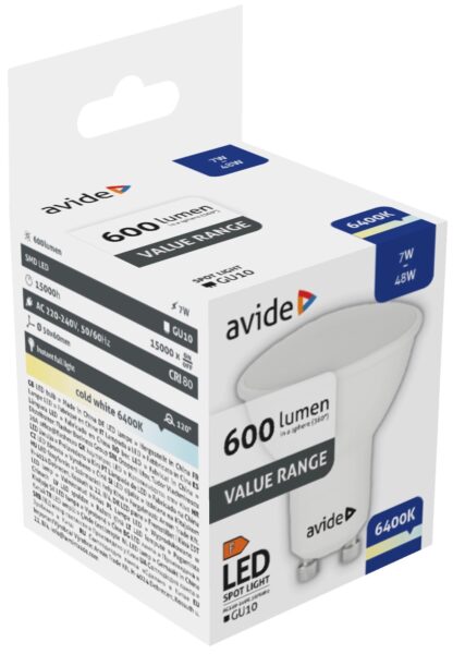 Avide Value LED Spot Wide Angle GU10 7W CW 6400K | BR (SKU:ABBGU10CW-7W) Szpot Avide Value LED Spot Wide Angle GU10 7W CW 6400K | BR (SKU:ABBGU10CW-7W) Szpot