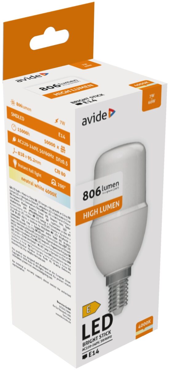 Avide LED Bright Stick izzó T37 7W E14 NW 4000K | BR (SKU:ABBSE14NW-7WA) Stick