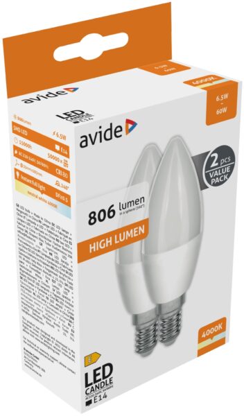Avide LED Filament Candle 6.5W E14 WW 2700K High Lumen | BR (SKU:ABLFC14WW-HL-6.5W) LED izzók