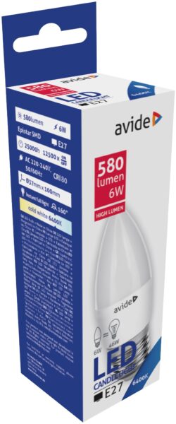 Avide LED Candle 6W E27 CW 6400K | BR (SKU:ABC27CW-6W) Gyertya