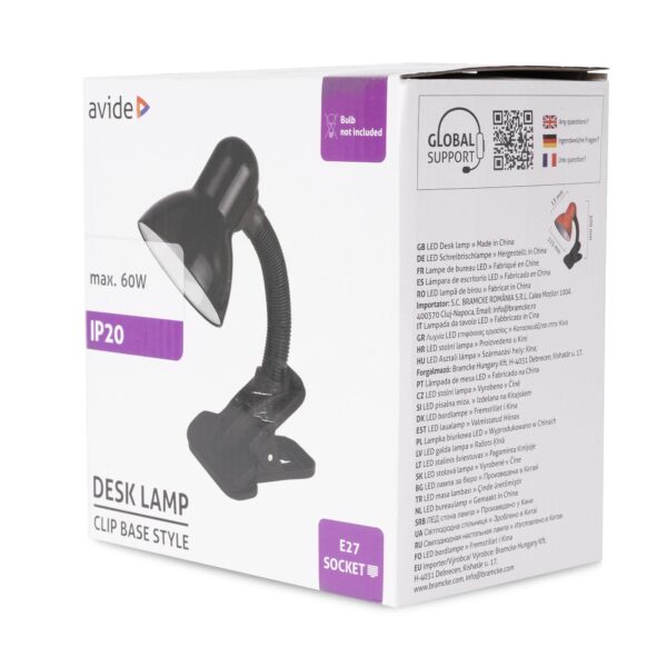 Avide Basic Asztali Lámpa Csíptethető Fekete E27 max 60W | BR (SKU:ABDL-CLIP-B-60W) Basic