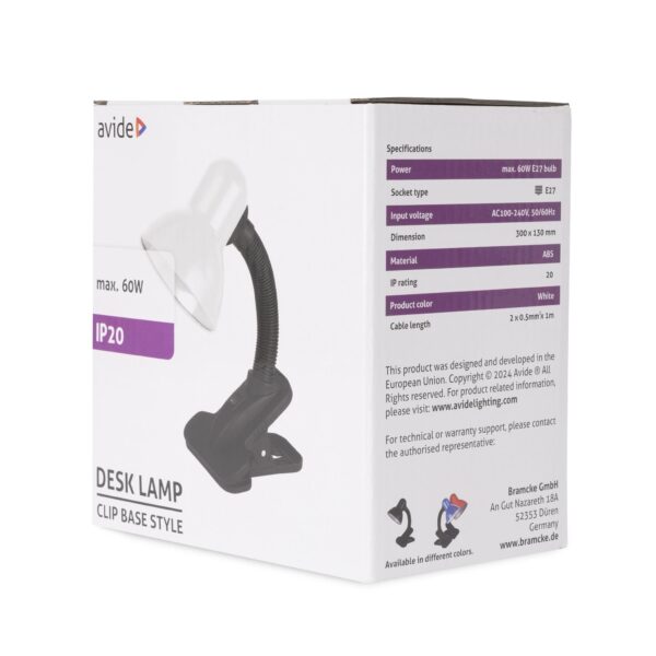 Avide Basic Asztali Lámpa Csíptethető Fehér E27 max 60W | BR (SKU:ABDL-CLIP-W-60W) Basic