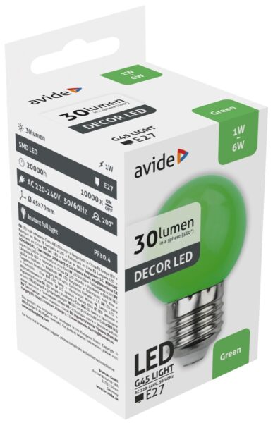 Avide Dekor LED fényforrás G45 1W E27 Zöld | BR (SKU:ABDLG45-1W-G) Dekor LED Avide Dekor LED fényforrás G45 1W E27 Zöld | BR (SKU:ABDLG45-1W-G) Dekor LED