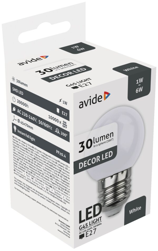 Avide Dekor LED fényforrás G45 1W E27 Fehér | BR (SKU:ABDLG45-1W-W) Dekor LED