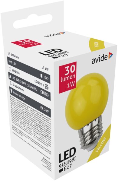 Avide Dekor LED fényforrás G45 1W E27 Sárga | BR (SKU:ABDLG45-1W-Y) Dekor LED Avide Dekor LED fényforrás G45 1W E27 Sárga | BR (SKU:ABDLG45-1W-Y) Dekor LED