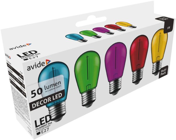 Avide Dekor LED Filament fényforrás 1W E27 (Zöld/Kék/Sárga/Piros/Lila) | BR (SKU:ABDLS44F-1W-B5) LED izzók Avide Dekor LED Filament fényforrás 1W E27 (Zöld/Kék/Sárga/Piros/Lila) | BR (SKU:ABDLS44F-1W-B5) LED izzók