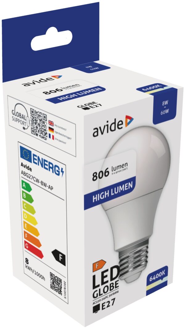 Avide LED Globe A60 8W E27 CW 6400K | BR (SKU:ABG27CW-8W-AP) Gömb