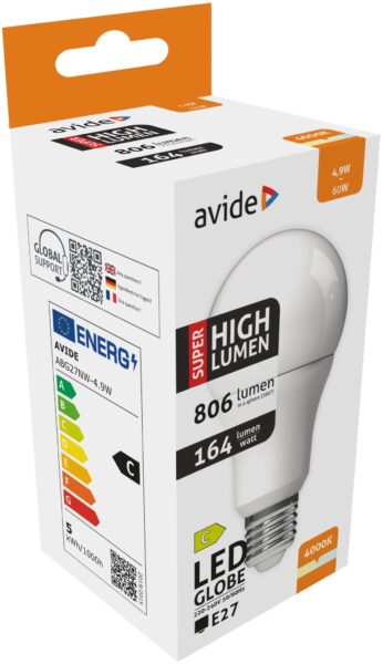 Avide LED Globe A60 4.9W E27 NW 4000K Super High Lumen | BR (SKU:ABG27NW-4.9W) Gömb