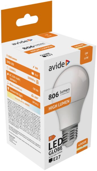 Avide LED Globe A60 8W E27 NW 4000K | BR (SKU:ABG27NW-8W-AP) Gömb Avide LED Globe A60 8W E27 NW 4000K | BR (SKU:ABG27NW-8W-AP) Gömb