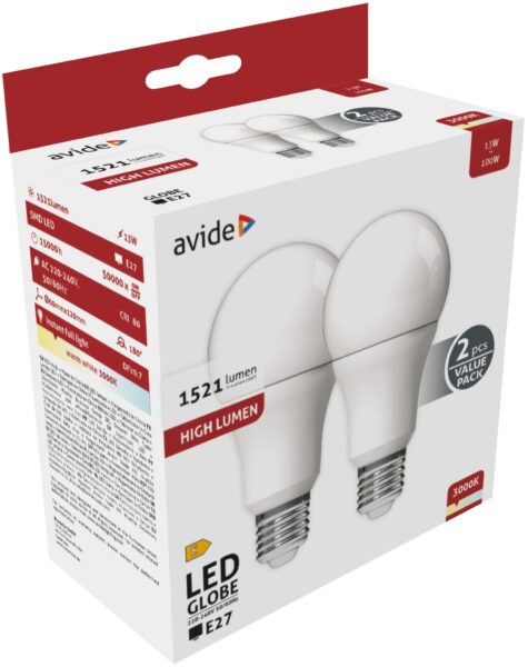 Avide LED Globe Twin Pack A60 13W E27 WW 3000K | BR (SKU:ABG27WW-13W-APTP) LED izzók Avide LED Globe Twin Pack A60 13W E27 WW 3000K | BR (SKU:ABG27WW-13W-APTP) LED izzók