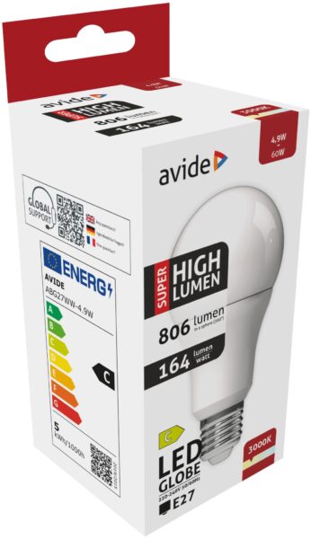 Avide LED Globe A60 4.9W E27 WW 3000K Super High Lumen | BR (SKU:ABG27WW-4.9W) LED izzók Avide LED Globe A60 4.9W E27 WW 3000K Super High Lumen | BR (SKU:ABG27WW-4.9W) LED izzók
